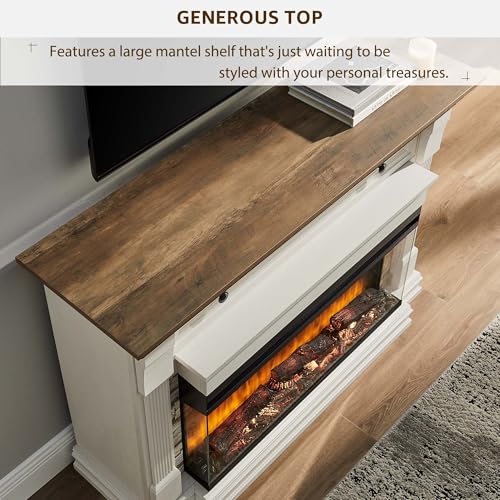 OKD 52 Inch Electric Fireplace with Mantel, Fireplace TV Stand with 36" 3-Sided Glass Electric Fireplace Heater for Living Room (Antique White) OKD