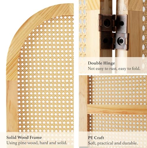 Svimi Room Dividers and Folding Privacy Screens, Pine Wood 5.6 Ft Double Hinged Rattan Partition Freestanding Wall Room Divider for Home - 3 Panels (Natural) Svimi