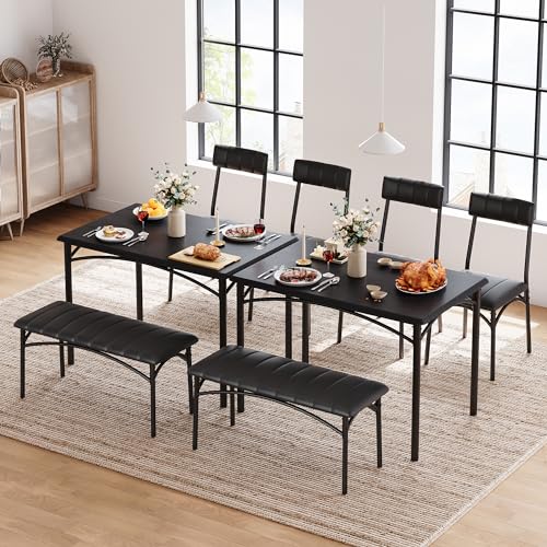 GAOMON 4-Piece Kitchen Dining Room Table Chair Set, Indoor Modern Dinette Set for 4 with Upholstered Bench and 2 Chairs, Square Dinner Table Set for Small Space, Apartment, Dinner, Breakfast, Black GAOMON