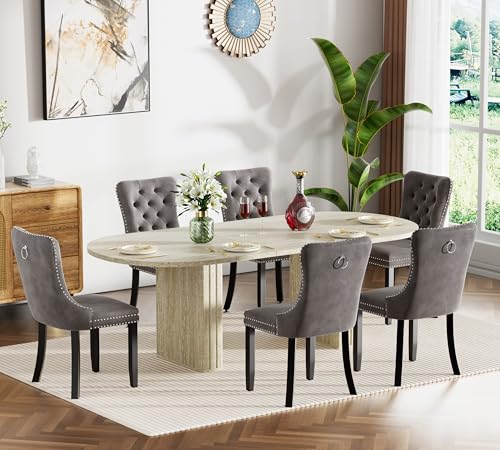 Pvillez Extendable Dining Table Set of 6, Oval Dining Room Table & 6 Gray Velvet Dining Chairs with Wood Leg, 62.99"-78.74" Kitchen Table and Chairs Set, Modern 7 Piece Dining Set Pvillez