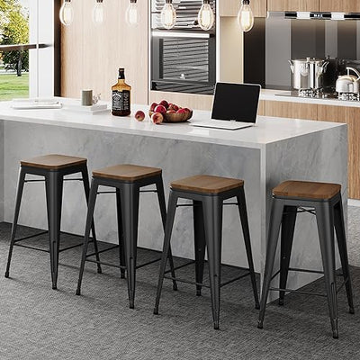 Alunaune 24" Metal Bar Stools Set of 4 Stackable Counter Height Barstools Backless Industrial Kitchen Bar Chairs with Wooden Seat-Matte Black