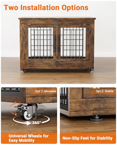 YaFiti Dog Crate Furniture with Cushion, Wooden Dog Kennel Indoor with Double Doors, Dog Cage with Wheels, Dog House Side End Table for Small Medium Dogs up to 45 lb, 32.5” L, Rustic Brown YaFiti