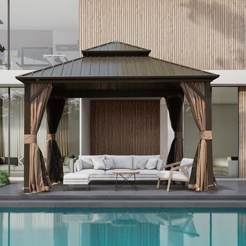 Domi Hardtop Gazebos 8x8FT, Aluminum Metal Gazebo with Galvanized Steel Double Roof Canopy, Curtain and Netting, Permanent Gazebo Pavilion for Patio, Backyard, Deck and Lawn, Brown domi outdoor living