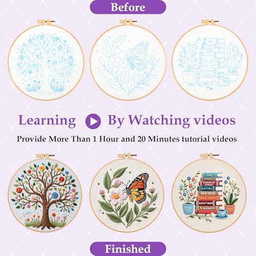 3 Sets Embroidery Kit for Beginners with Stitch Video, Flower Butterfly Tree Books Cross Stitch Kits for Adults, Needle Point Kits with Stamped Pattern, Hoop, Needles, Tools, DIY Arts and Crafts