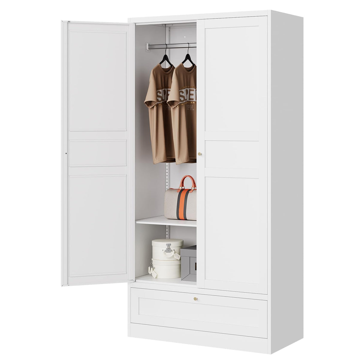 Letaya Wardrobe Closet,72" H Clothing Metal Storage Cabinet with Storage Drawer Adjustable Shelves and Hanging Rod,Bedroom Armoire Cabinet Clothes Organizer (White) Letaya
