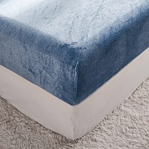 YASMENG Extra Soft Blue Velvet Plush Fitted Sheet Twin Size with 16” Deep Pocket, Warm Luxury Single Fitted Sheet Only for Fall Winter Spring, Fuzzy Flannel Fleece Mattress Protector Cover YASMENG