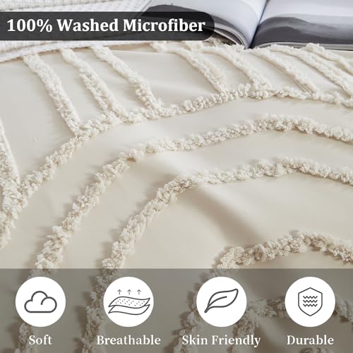 Nayoroom Boho Duvet Cover Full Size Beige Tufted Chenille Rainbow Textured Comforter Cover 3 Pcs Luxury Soft Washed Microfiber Aesthetic Bedding Set with Zipper Closure for All Seasons Nayoroom
