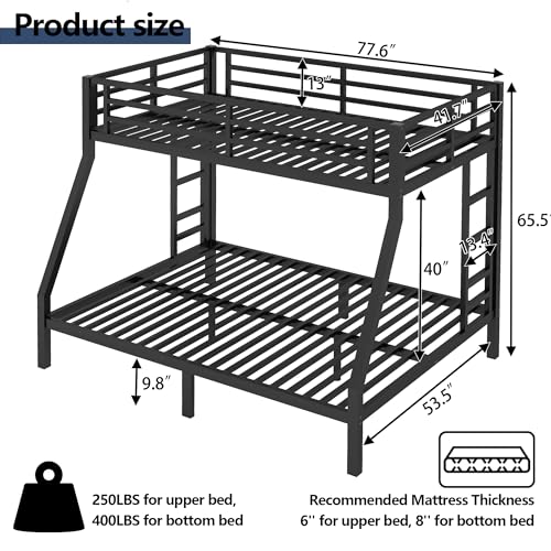 Bellemave Twin Over Full Bunk Bed with Ladders, Metal Bunk Beds Frame with Full-Length Guardrails, Heavy-Duty Bunkbed for Bedroom, Guest Room, Dorms, Noise-Reduce and No Spring Box Needed, Black Bellemave