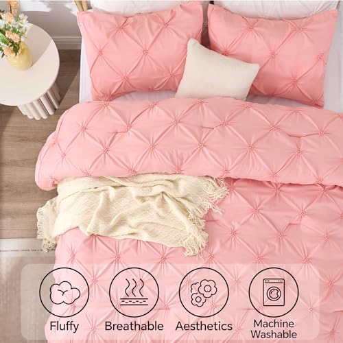BEDELITE Pink Queen Comforter Set - 3 Pieces Boho Pintuck Bedding Comforter Sets, Lightweight Soft & Warm Bed Comforter with 2 Pillowcases for All Season,Valentines Day BEDELITE