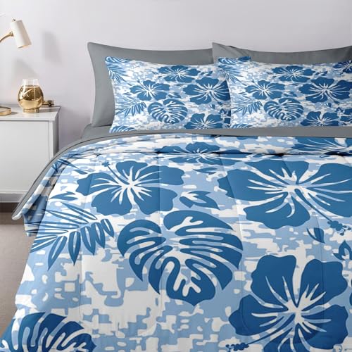 Nesker Comforter Set Full Size, Hawaiian Hawaii Flower 7 Pcs Bedding for Kids and Adults, Surf Hibiscus Floral Bed Sheet Sets with Fitted Sheet 2 Pillowcases & 2 Shams Nesker