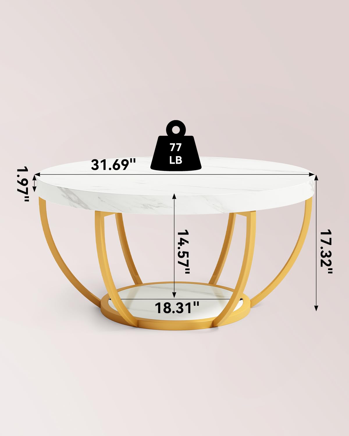 LITTLE TREE Round Coffee Table, 32" Circle Faux Marble Coffee Tables for Living Room, 2-Tier Golden Metal Legs Accent Center Table with Open Storage Modern Design Home Furniture (White and Gold) LITTLE TREE