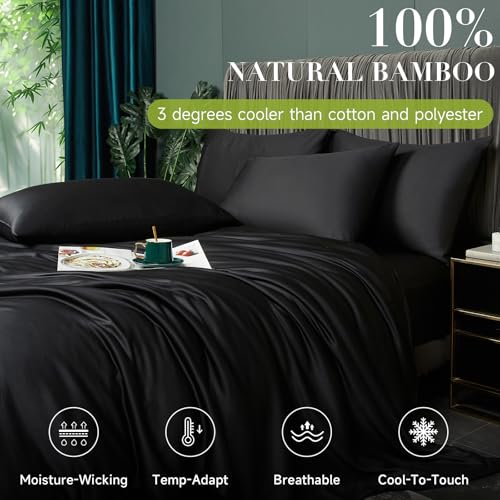 YASMENG Cooling Duvet Cover Full Set Black, 100% Viscose Derived from Bambo, Summer Soft Breathable Rayon Bedding Set for Hot Sleepers, Luxury Luxurious Silky Smooth Comforter Cover for All Seasons YASMENG