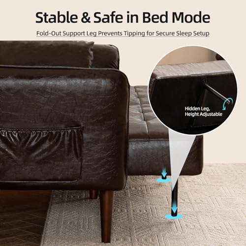 HALLYBEE 85” Futon Sofa Bed, Sleeper Sofa, Small Couch with Storage Adjustable Armrests Pillows, Faux Leather Loveseat, Mid Century Modern Couches for Living Room, Bedroom, Apartment, Coffee Brown HALLYBEE