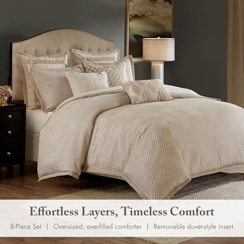 Madison Park Signature Queen Luxury Jacquard Comforter Set, Removable Duvet Cover with Insert, Oversized Overfilled Bedding, Hand-Guided Embroidered Texture Accents, Geometric Ivory, 8-Piece Madison Park