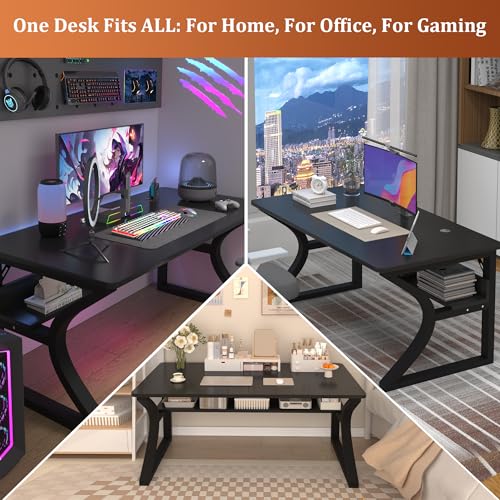 NovolyDJZ Computer Desk, 55'' Computer Desk Home Office Desks w/Storage Shelves & U Shaped Metal Frame, Study Writing Desk w/Cable Management, Deeper & Thicker Desktop Table for Home Office NovolyDJZ