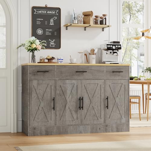 Shintenchi Buffet Cabinet with Storage,53.4" Large Kitchen Storage Cabinet with 3 Drawers and 4 Doors,Wood Farmhouse Buffet Sideboard with Adjustable Shelf for Kitchen Living Room, Gray Shintenchi