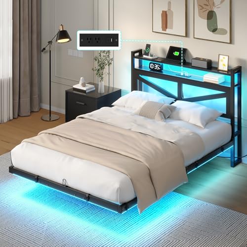 YITAHOME Twin Size Floating Bed Frame with USB Charging Station Storage Headboard and with Led Light, Heavy Duty Metal Platform Bed Frame, No Box Spring Needed, Easy Assembly and Noise Free, Black YITAHOME
