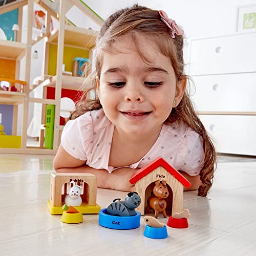 Family Pets Wooden Dollhouse Animal Set by Hape | Complete Your Wooden Dolls House with Happy Dog, Cat, Bunny Pet Set with Complimentary Houses and Food Bowls Hape