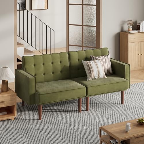 Furnify 71" Velvet Futon Sofa Bed, Versatile Loveseat Couch, Sleeper Sofa with Adjustable Backrest, Mid Century Modern Futon Couch for Small Space, Living Room, Office & Apartment, Velvet Fabric Green Furnify
