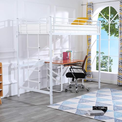 Bonnlo Metal Loft Bed with Stairs and Flat Rung, Junior Bed Full Size High Loft Bed for Kids/Teens/Adults, No Box Spring Required, White Bonnlo