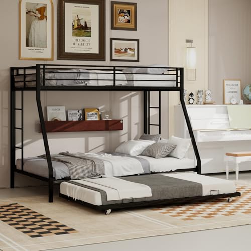 AiHMEi Twin XL Over Queen Bunk Bed with Trundle, Heavy Duty Metal Bunk Bed Frame with 2 Ladders and Full-Length Guardrail, Space-Saving Bunk Beds for Kids Teens Adults, No Box Spring Needed, Black AiHMEi