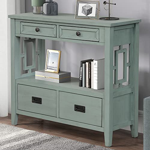 Knocbel Farmhouse Entry Console Table with 2 Storage Drawers 2 Cabinets and Open Shelf, Entryway Hallway Living Room Kitchen Sofa Table, 36.02" W x 12.99" D x 31.5" H, Retro Blue Knocbel
