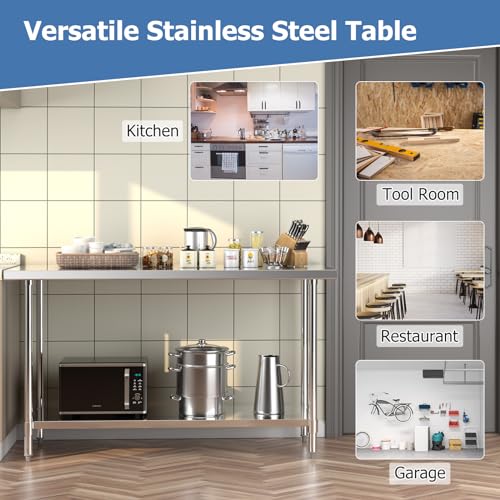 Goplus Stainless Steel Table, 60 x 24 Inches Kitchen Prep Table Work Table with Height Adjustable Under Shelf, Footpads, 900LBS Capacity, Food Prep Goplus