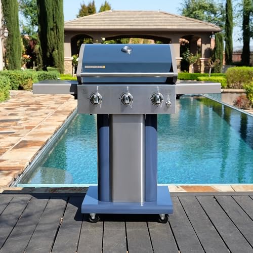 Permasteel 3-Burner Propane Gas Grill, 30,000 BTUs BBQ Grill with Cast Iron Grates, Foldable Side Tables & Tool Hooks, Outdoor Grill, Azure Permasteel