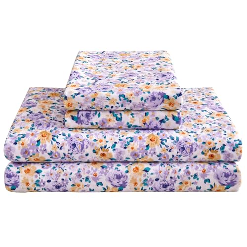 Mooreeke Floral Twin 3 Pieces Bed Sheets, Soft Microfiber Bedding Sheets & Pillowcases, Deep Pocket Non-Slip Vintage Twin Sheet, Purple Yellow Flower Pattern Bedsheets Mooreeke