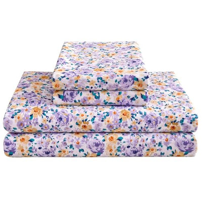 Mooreeke Floral Twin 3 Pieces Bed Sheets, Soft Microfiber Bedding Sheets & Pillowcases, Deep Pocket Non-Slip Vintage Twin Sheet, Purple Yellow Flower Pattern Bedsheets