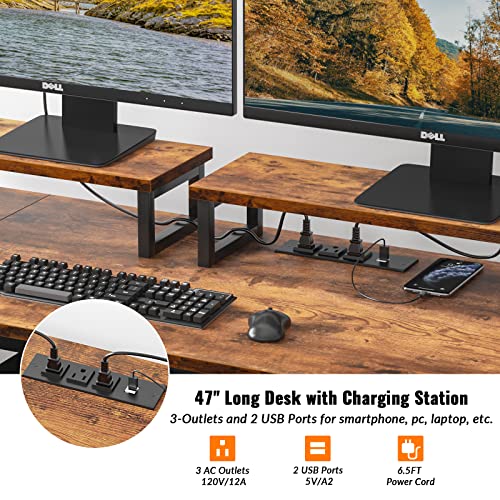 Furologee Computer Desk with Drawer and Power Outlets, 47" Office Desk with 2 Monitor Stands and Fabric File Cabinet, Writing Gaming Table with Shelves and 2 Hooks for Home Office, Rustic Brown Furologee