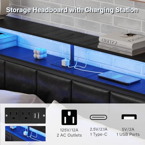 Full Size Bed Frame with Charging Station and LED Lights, Black Upholstered Headboard with 2-Tier Storage Shelves, Metal Bed Frame with Headboard, No Box Spring Needed, Easy Assembly,Black CollaredEagle