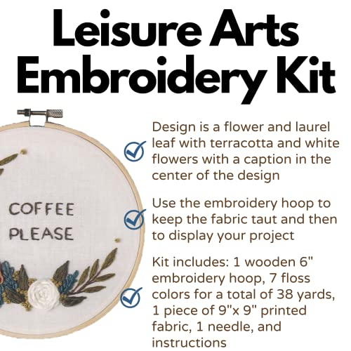 Leisure Arts Embroidery Kit 6" Coffee Please - cross stitch kits for beginners - embroidery kit for beginners - embroidery kits for adults - embroidery kits for adults