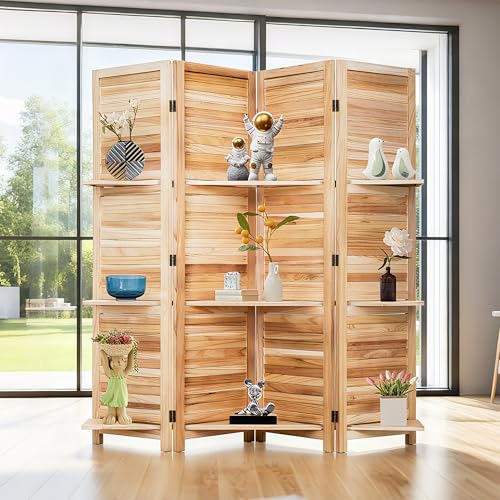 FDW 4 Panel Room Divider Folding Privacy Wooden Screen with Three Clever Shelf Portable Partition Wood Divider for Home Office, Natural Wood FDW
