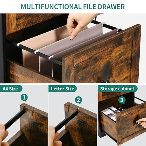 YITAHOME L Shaped Desk with Drawers & Hutch, 61" Computer Desk with Power Outlets & LED Lights, Corner Office Desk with Storage Cabinet, Drafting Table, Wood Desk, Black & Rustic Brown YITAHOME