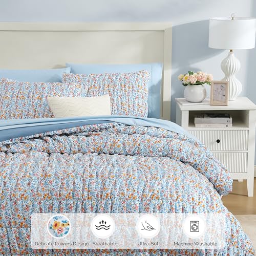 BLOOMHAVEN Queen Comforter Set - 7 Pieces Blue Classic Puff Floral Bedding Sets for All Seasons, Shabby Chic Farmhouse Bed in a Bag Queen with Wildflowers Fluffy Comforter, Sheets, Pillowcases & Shams BLOOMHAVEN