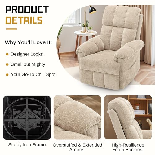 Korser Recliner Chair, Small Rocker Recliner Chair for Adults, Swivel Recliners for Small Spaces, Manual Recliner, Upholstered Nursery Rocking Chair for Living Room, Chenille, Khaki