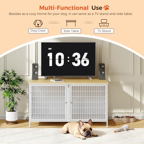 MAHANCRIS Dog Crate Furniture for 2 Dogs, 43.3" Dog Kennel with Removable Divider, Heavy Sturdy Dog Furniture Style Double Cage for Small Medium Dogs, Indoor Pet House End Table, Natural and White MAHANCRIS