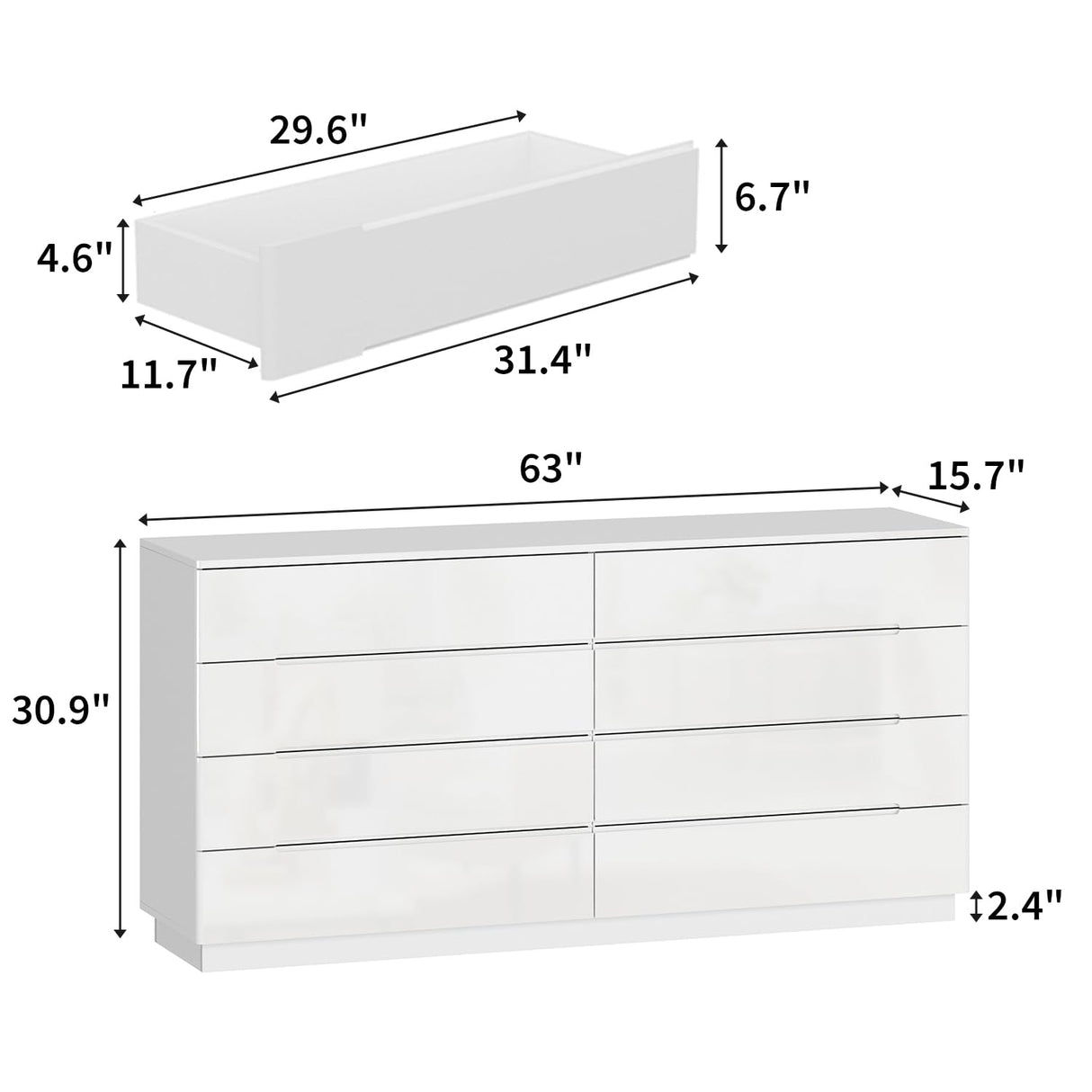WOODTIME Modern 8 Drawer Dresser with LED Lights and Glossy Surface, 63" Large Dressers & Chests of Drawers Storage Tower Organizer for Bedroom, White WOODTIME