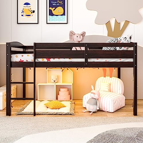 KOTEK Twin Loft Bed, Solid Wood Low Loft Bed for Kids with Ladder & Guard Rails, No Box Spring Needed, Space-Saving Loft Bed Frame for Boys & Girls (Espresso) KOTEK