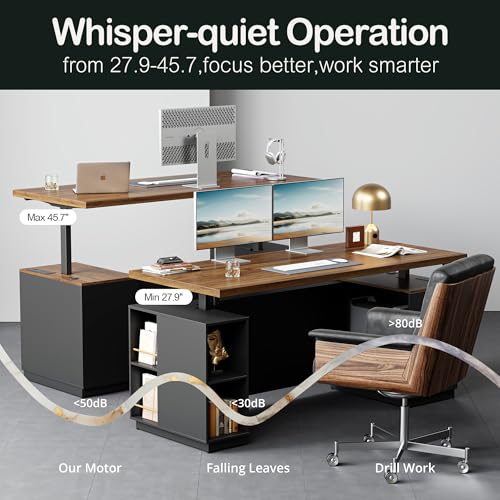 ModernMate 71" Standing Executive Desk with Privacy Panel, Large One-Piece Electric Height Adjustable Stand Up Desk with Charging Station, File Cabinet Storage, Home and Office, Black Walnut ModernMate