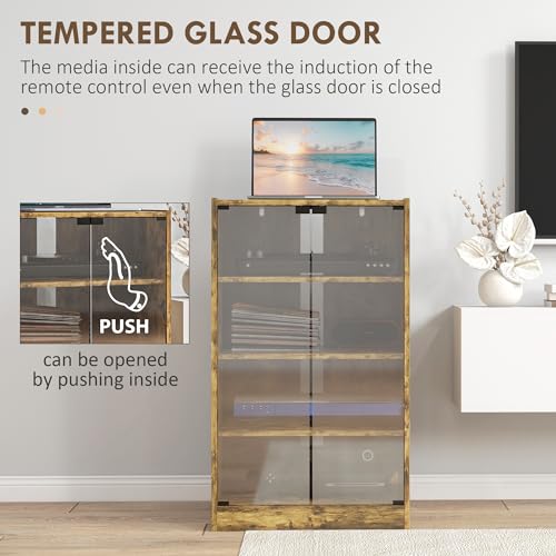 HOMCOM Media Cabinet, 4-Tier Stereo Cabinet, Record Player Stand with Vinyl Record Storage, Adjustable Shelves, Tempered Glass Doors and Cable Management, Rustic Brown HOMCOM