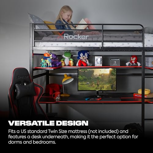 X Rocker BattleBunk Twin Size Gaming Bunk Bed, Durable Metal Frame with Built-in Gaming Desk and Shelving, Black and Red X Rocker