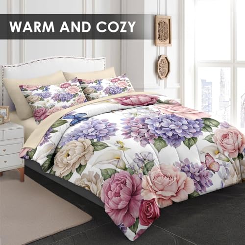 WeCozy 5 Pcs Twin Size Comforter Set with Pillowcase & Sham, Floral Flower Peony Bedding for Kids and Adults, Botanical Painting Hydrangea Bed in a Bag with Flat Fitted Sheet WeCozy