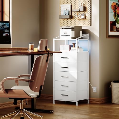 EKNKOZY Nightstand 5 Drawer Dresser with LED Lights and Charging Station, Vertical Side Table with Fabric Drawers, End Table with Open Shelf, Tall Dresser for Bedroom, Hallway, Entryway, White EKNKOZY