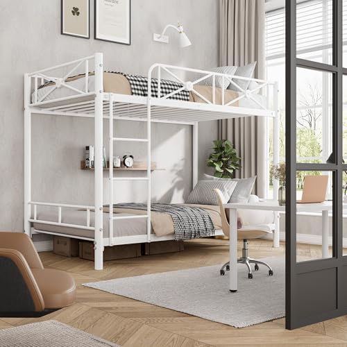 IDEALHOUSE Metal Bunk Bed Twin Over Twin, Modern Heavy Duty Bunkbeds with Safety Guard Rails & Space-Saving Design, Steel Twin Bunk Beds for School, Bedroom, White IDEALHOUSE