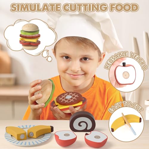 Wooden Play Food Sets for Kids Kitchen, Lehoo Castle Food Toys for Toddlers 3-5, Pretend Picnic Play Set, Cutting Food Toys, Gift for Girls Boys 3 4 5 6