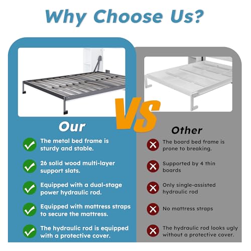 Hosnnile Queen Murphy Bed, 89.7'' Foldable Space-Saving Wall Bed with Storage Cabinet, Solid Hidden Metal Bed Frame with Wooden Bookcase Bookshelf for Bedroom, Guest Room Hosnnile