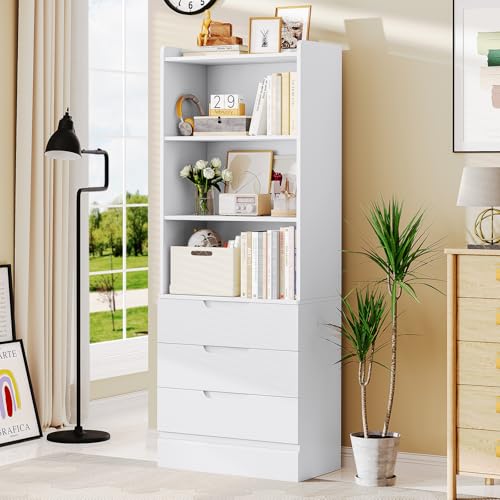 Hasuit Tall Bookshelf with Drawers Bookcase with 3 Drawers and 3-Tier Open Shelves Tall White bookshelf with Anti-Tipping Kits Wood bookshelf with Storage for Study Living Room Kitchen Bathroom, White Hasuit