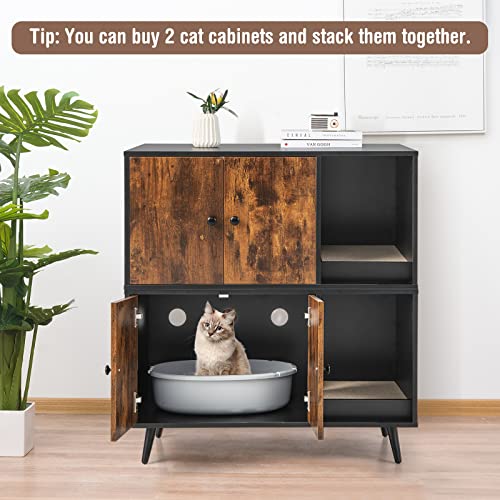 Tangkula Cat Litter Box Enclosure, Cat Washroom W/Divider, Scratching Pad, Metal Leg, Enclosed Cat Box Cabinet Pet House W/Double Doors, Litter Box Furniture Hidden for Large Cat (Rustic Brown) Tangkula